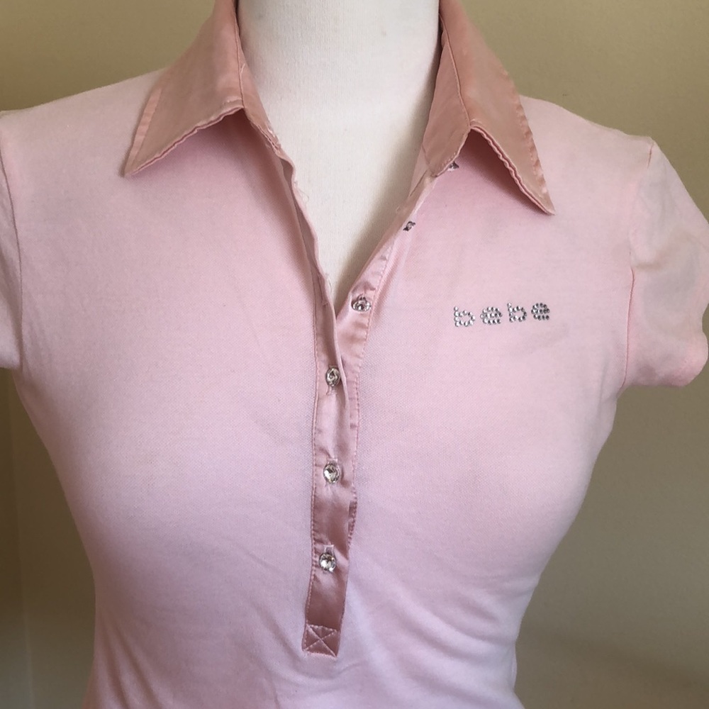 Bebe Eyelet Collar top Shirt. Rhinestone buttons. Size S. Color Pink Lemonade